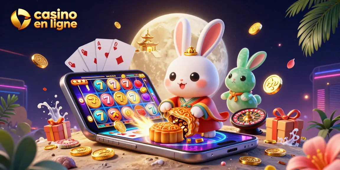 Illustration dynamique de casino en ligne avec un lapin de lune et des jetons de poker sur la surface lunaire.