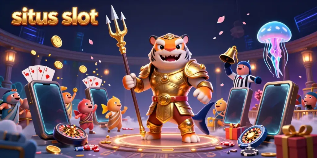 Engage with dynamic situs slot gameplay featuring a tiger shark gladiator amidst vibrant slot game elements.
