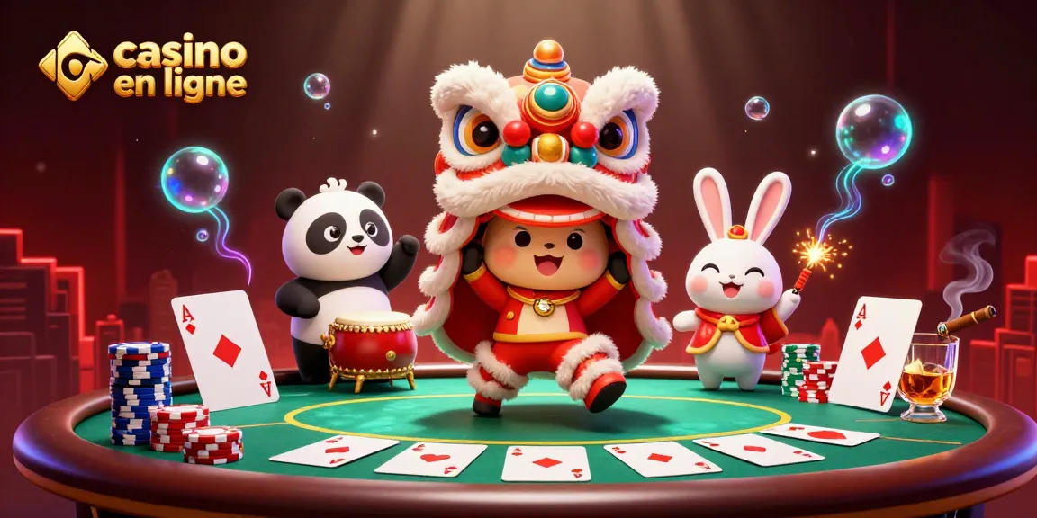 Vivez l'excitation du casino en ligne avec une danse du lion et un panda dans un décor lumineux.
