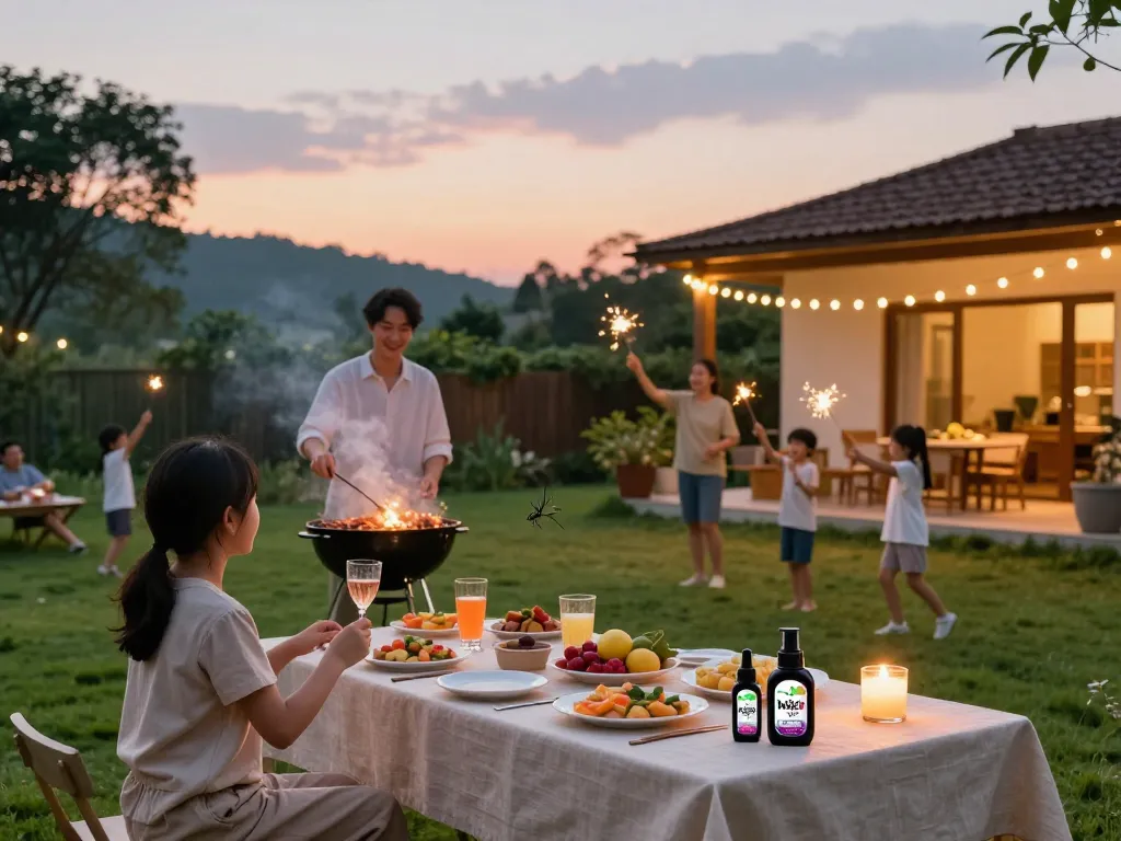 Family enjoying a summer barbecue outdoors protected by effective mosquito repellent products amidst a vibrant sunset.