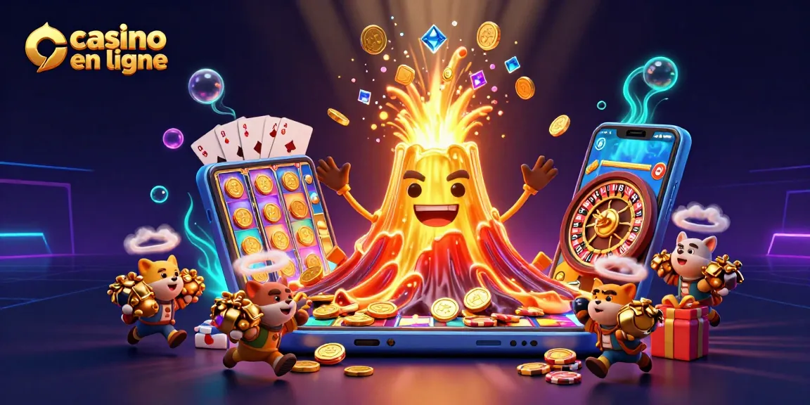 Casino en ligne : volcan doré et animaux explorateurs fuyant avec des trésors.