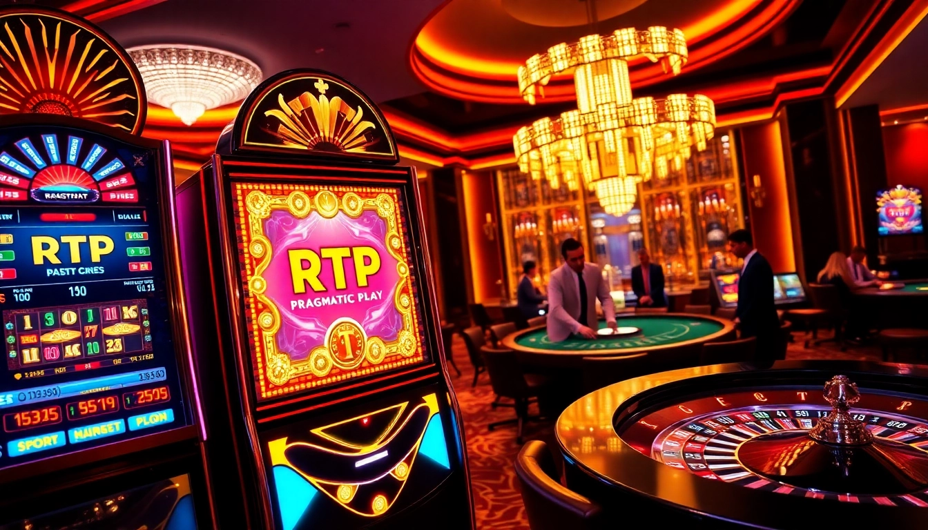 Experience the thrill of RTP Pragmatic Play at vibrant slot machines in a luxurious casino setting.