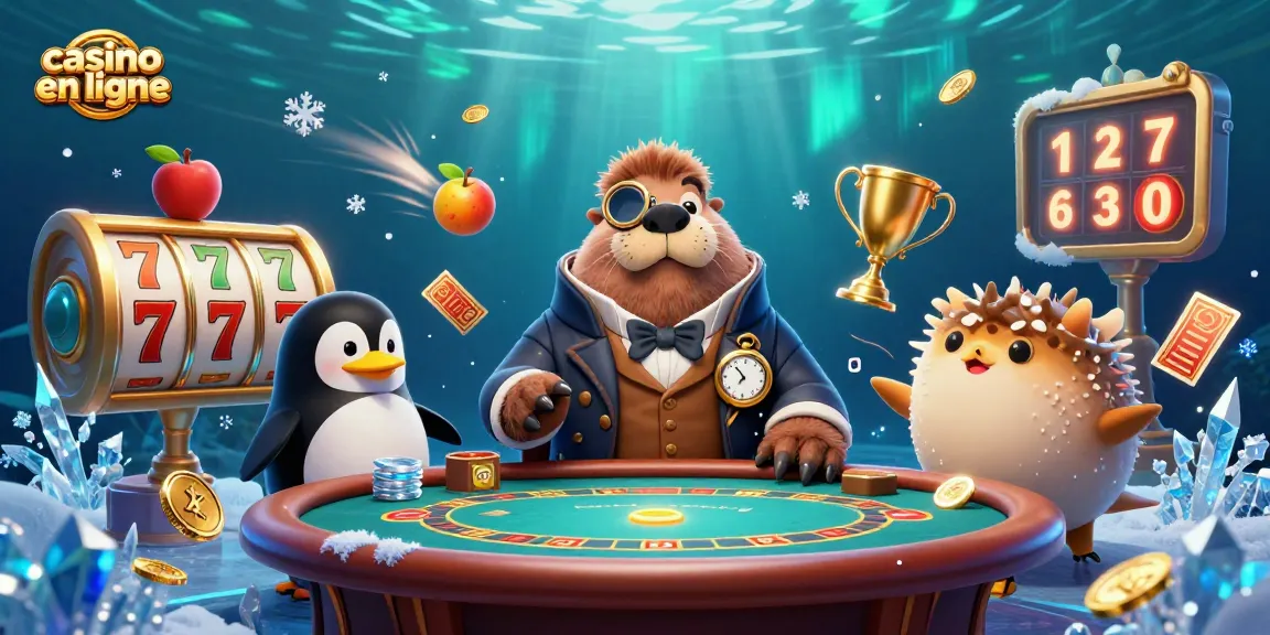 Illustration colorée d'une scène de casino en ligne avec des personnages de jeu sous-marins.