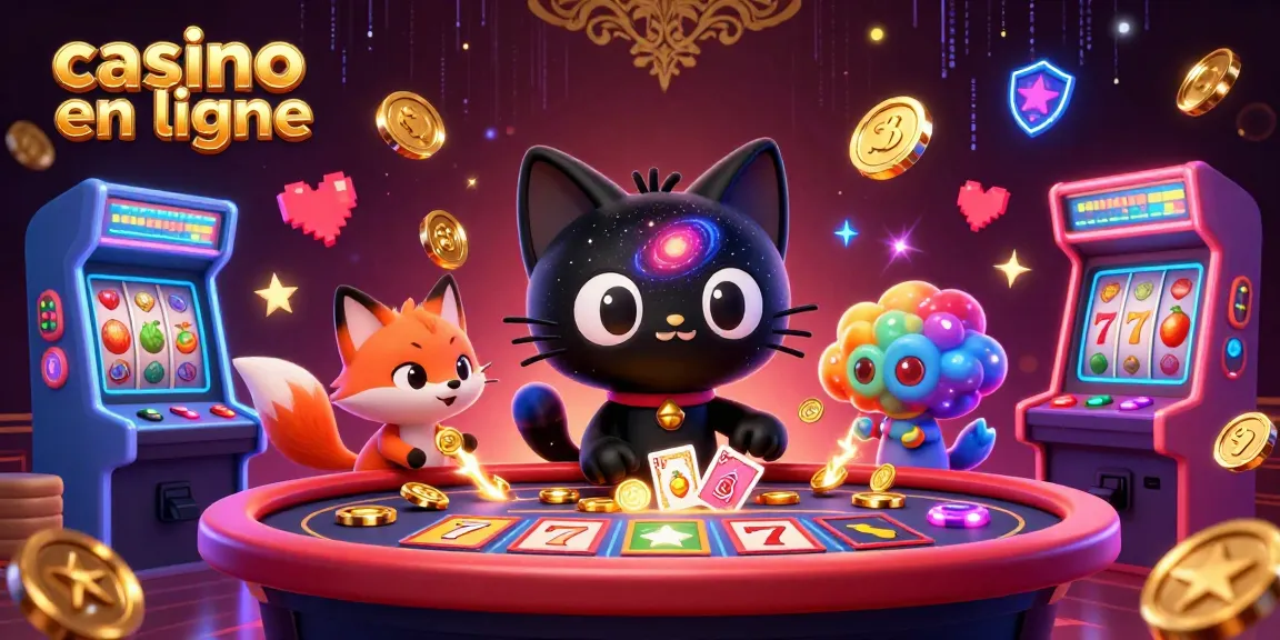 Visualisez un casino en ligne avec un chat trou noir et un renard nébuleux, entourés de jeux colorés.