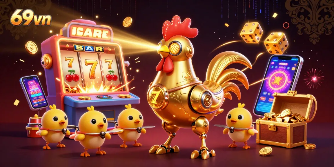 Spin the reels with 69vn as the golden rooster robot and chicks burst into a jackpot of coins!