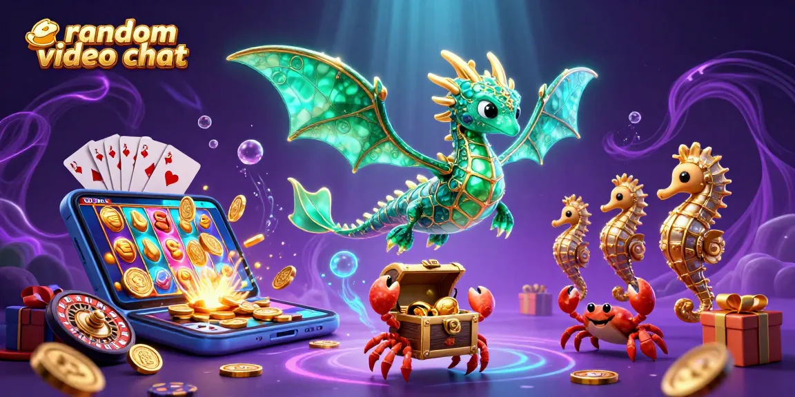 Engage in random video chat with a captivating sea dragon, treasure, slots, and dazzling coins.
