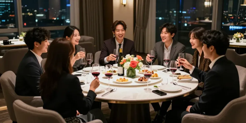 강남구구단 쩜오에서 친구들이 대화와 음료를 즐기는 모습