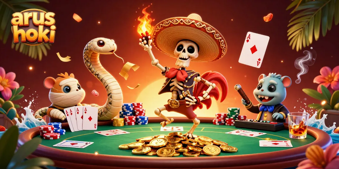 Menang di arus hoki dengan skeleton mariachi merayakan kemenangan di atas tumpukan koin emas.