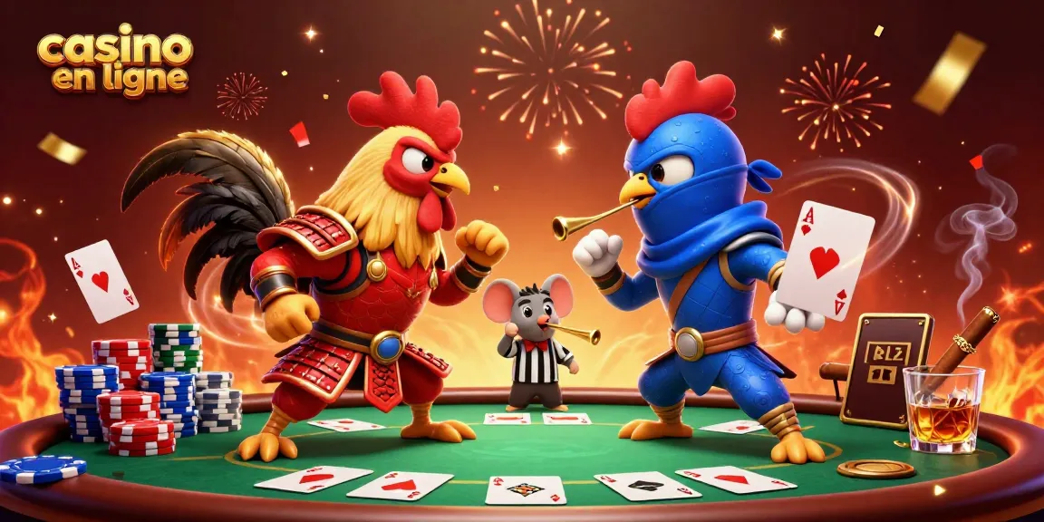Vivez l'excitation du casino en ligne avec des coqs combattants et une ambiance de poker animée.
