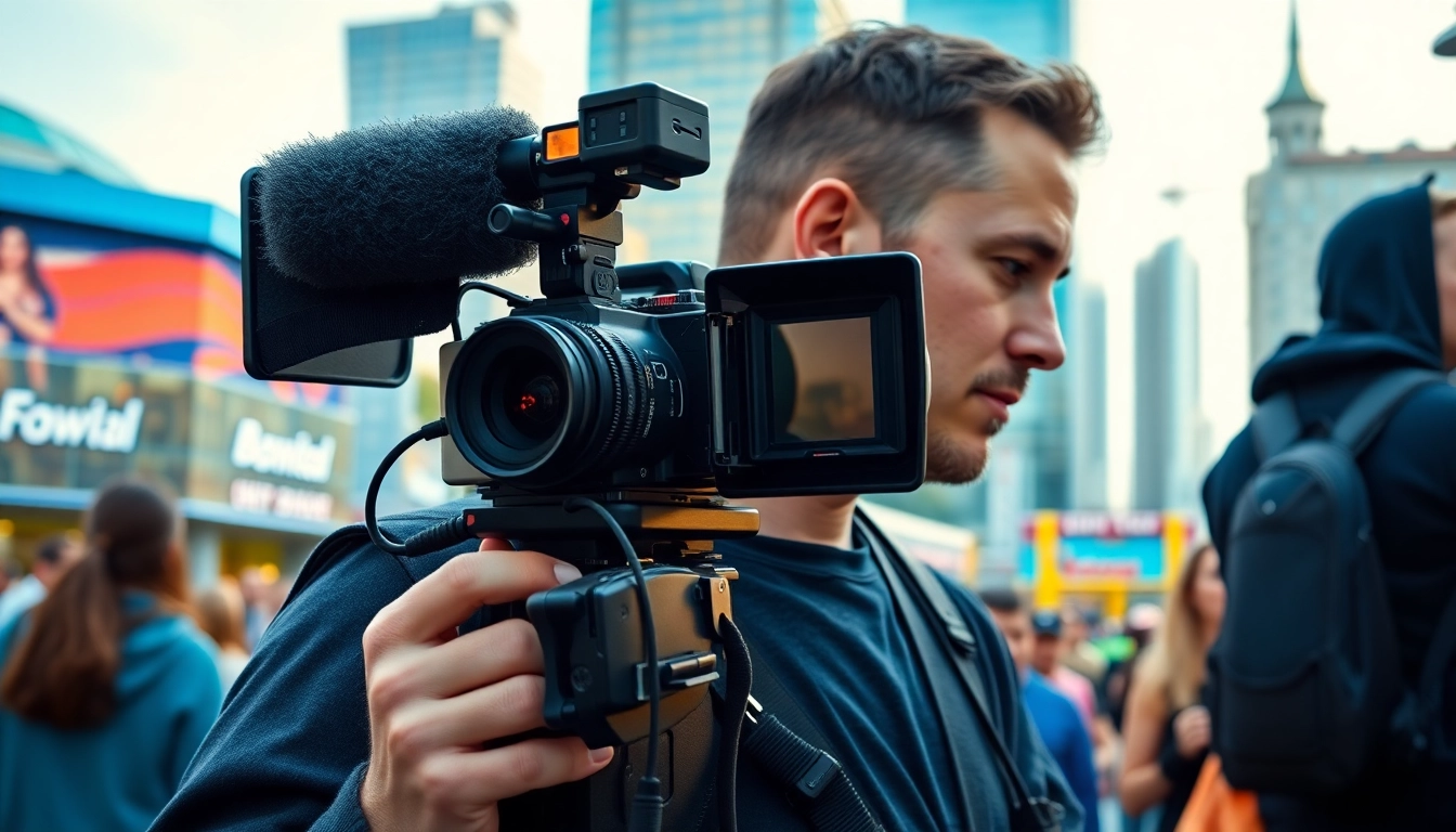 Engaged edmonton videographer capturing dynamic city event with professional camera.