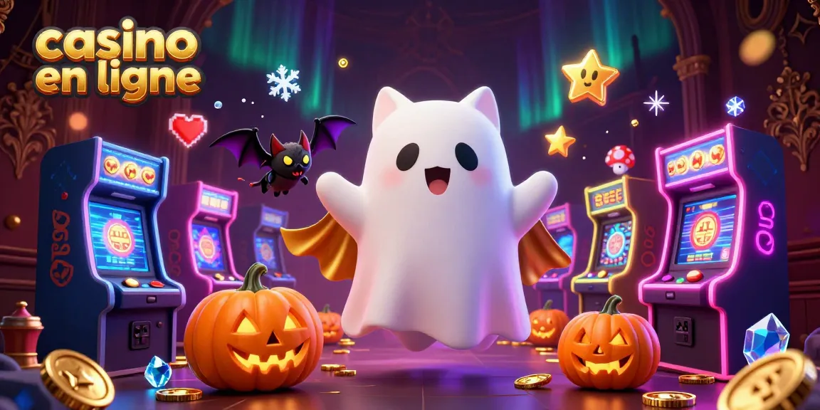 Gagnez avec le casino en ligne au milieu d'une scène animée d'un chat fantôme et d'une chauve-souris.