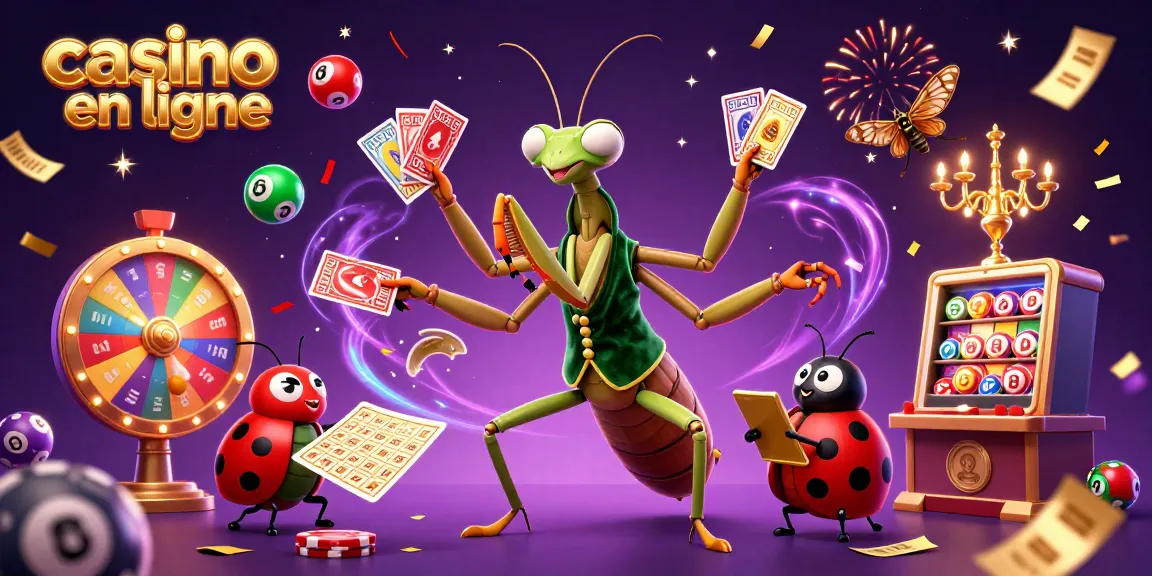 Jouez au casino en ligne avec cette illustration de la mante religieuse cartomancienne en plein action, entourée de jeux.