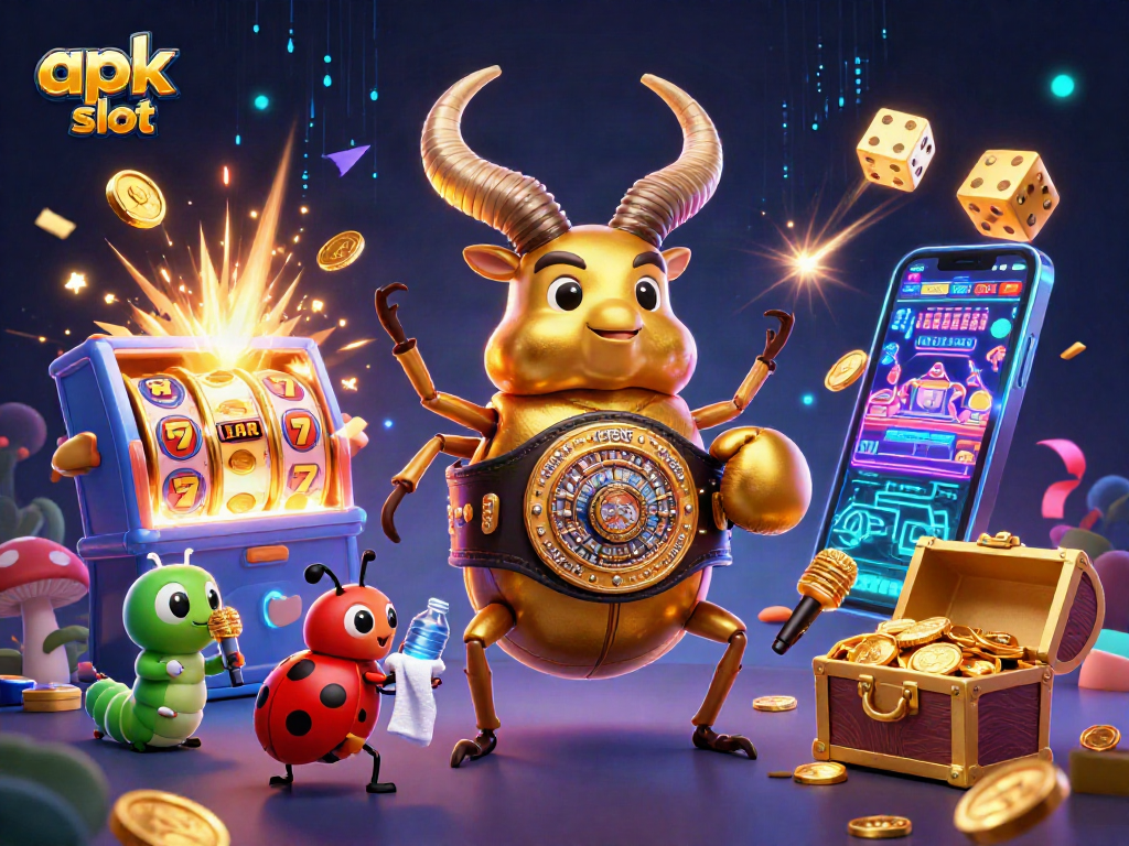 Engage with the apk slot experience featuring a boxing stag beetle, ladybug supporter, and jackpot slot machine visuals.