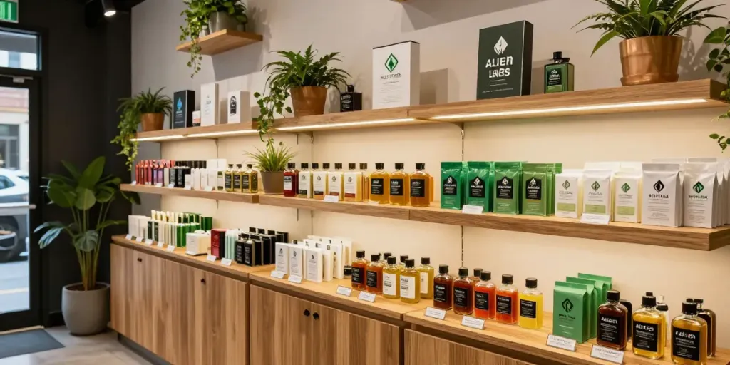 Explore Alien Labs live resin in a modern cannabis dispensary.