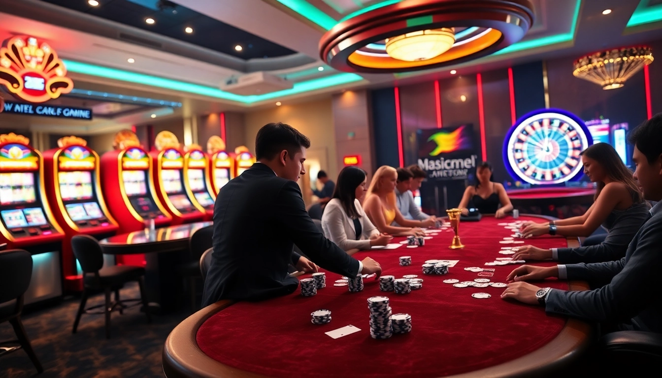 Amateurs de jeux d'argent s'engageant dans un jeu stratégique dans un casino en ligne luxueux 2026, avec des tables vibrantes et des machines à sous.