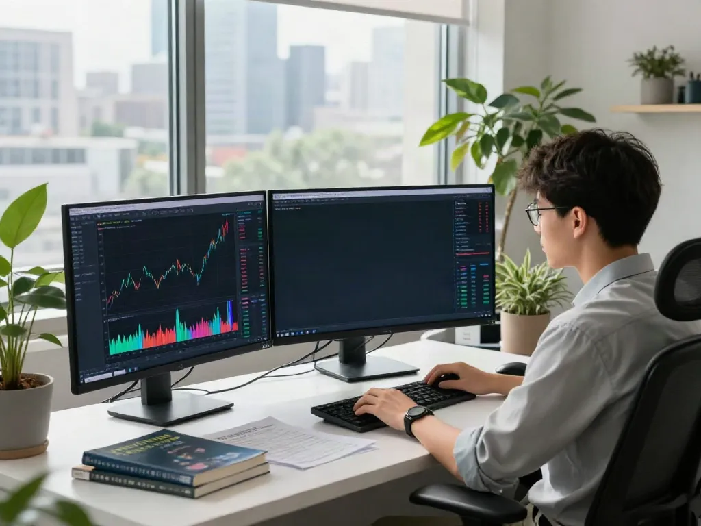 Trader analyzing TradingView charts in a modern office setting.