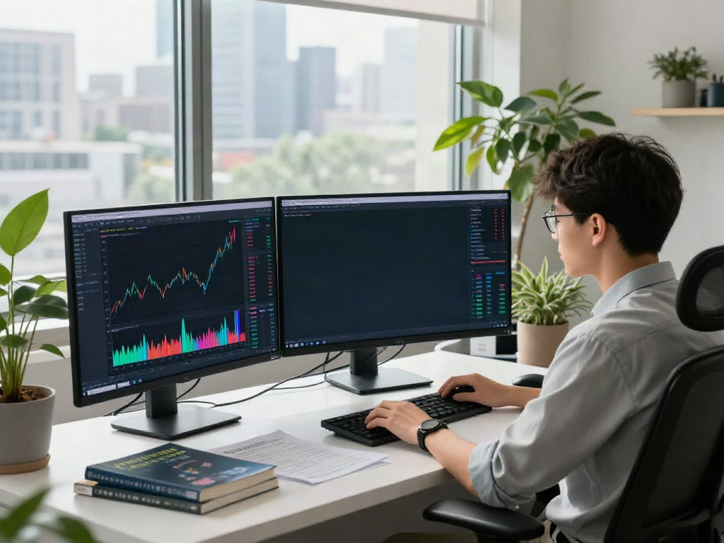 Trader analyzing TradingView charts in a modern office setting.