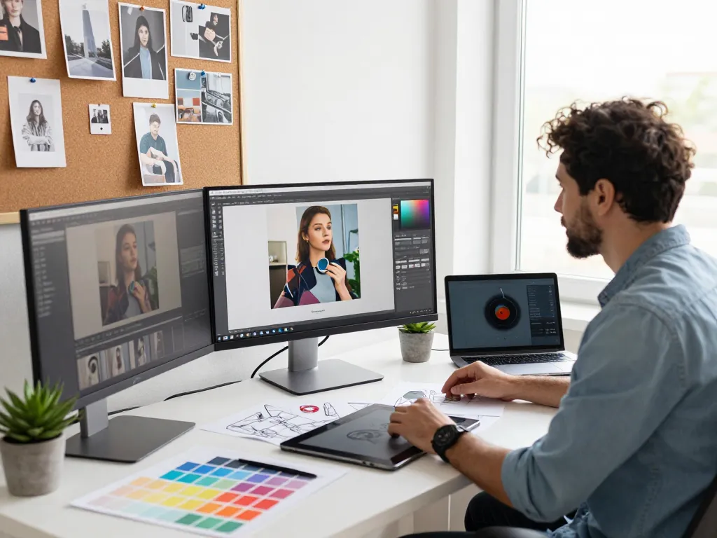 Designer using an image to prompt generator in a modern workspace.