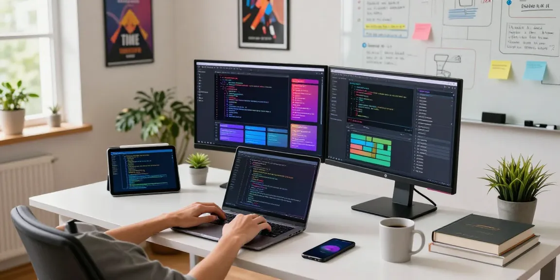 Engaged developer coding in a bright workspace, showcasing cika4d software innovation and tools.