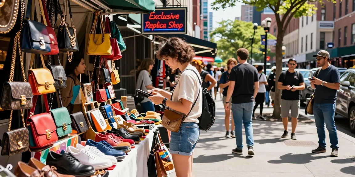 Stylish shopper exploring luxury 레플리카 쇼핑몰 with vibrant urban market atmosphere.