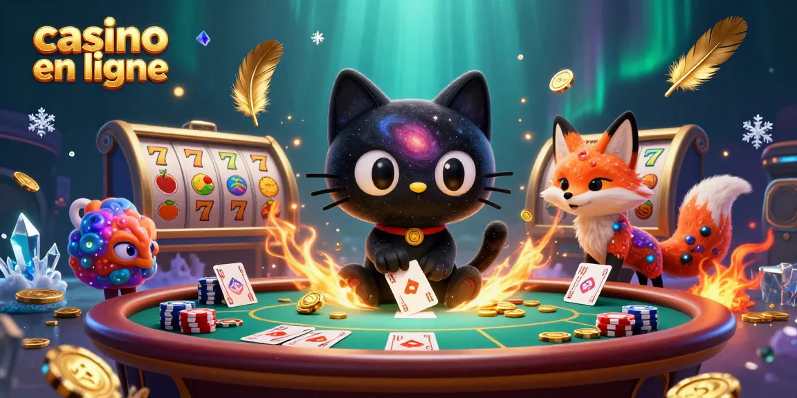 Plongez dans l'univers des jeux avec la scène magique d'un casino en ligne où un chat noir trou noir attire cartes et jetons dorés.