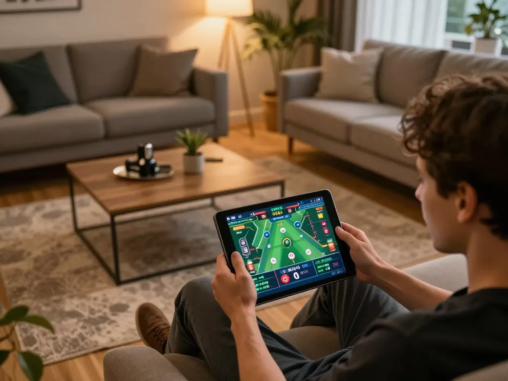 Person engaged in online betting through sites scommesse stranieri legali in a cozy living room environment.