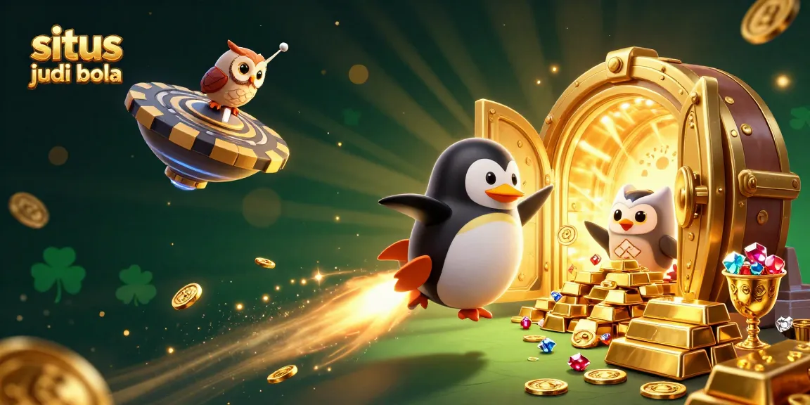 Experience the excitement of situs judi bola with a thrilling 3D illustration of a golden penguin soaring through a cosmic casino adventure.