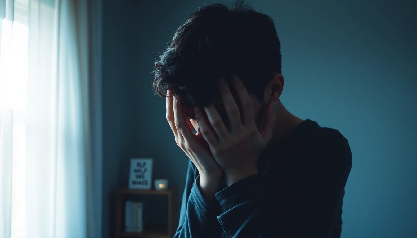 Illustration of a person experiencing depression symptoms by holding their head in distress.