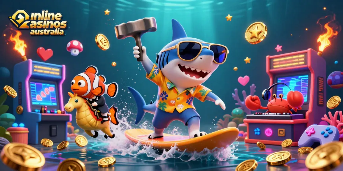 Engage with online casinos Australia through a vibrant underwater 3D casino scene featuring a shark, clownfish, and crab DJ.