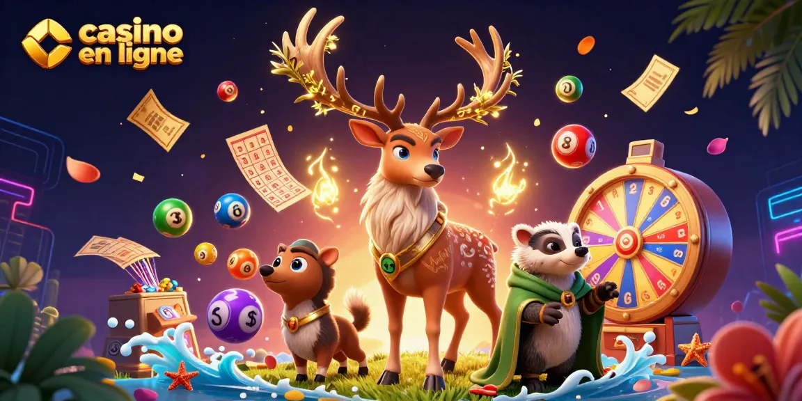 Gagnez avec le casino en ligne : scène animée de jeux et de loteries colorées.