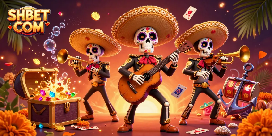 Experience the thrill of gaming at SHBET COM with a vibrant 3D illustration of a festive mariachi band.