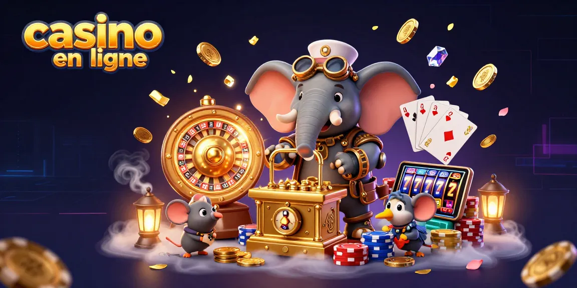 Jouez à casino en ligne avec un éléphant ingénieur et des machines à sous dorées.