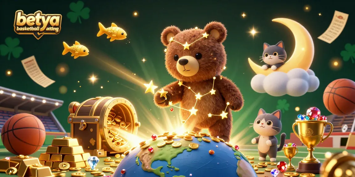 Betya basketball betting showcases a vibrant illustration with constellation bear, sports elements, and gold treasures.