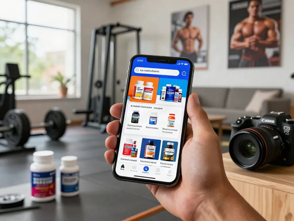 Person browsing anabolizzanti online on a smartphone in a stylish home gym with vibrant fitness elements.