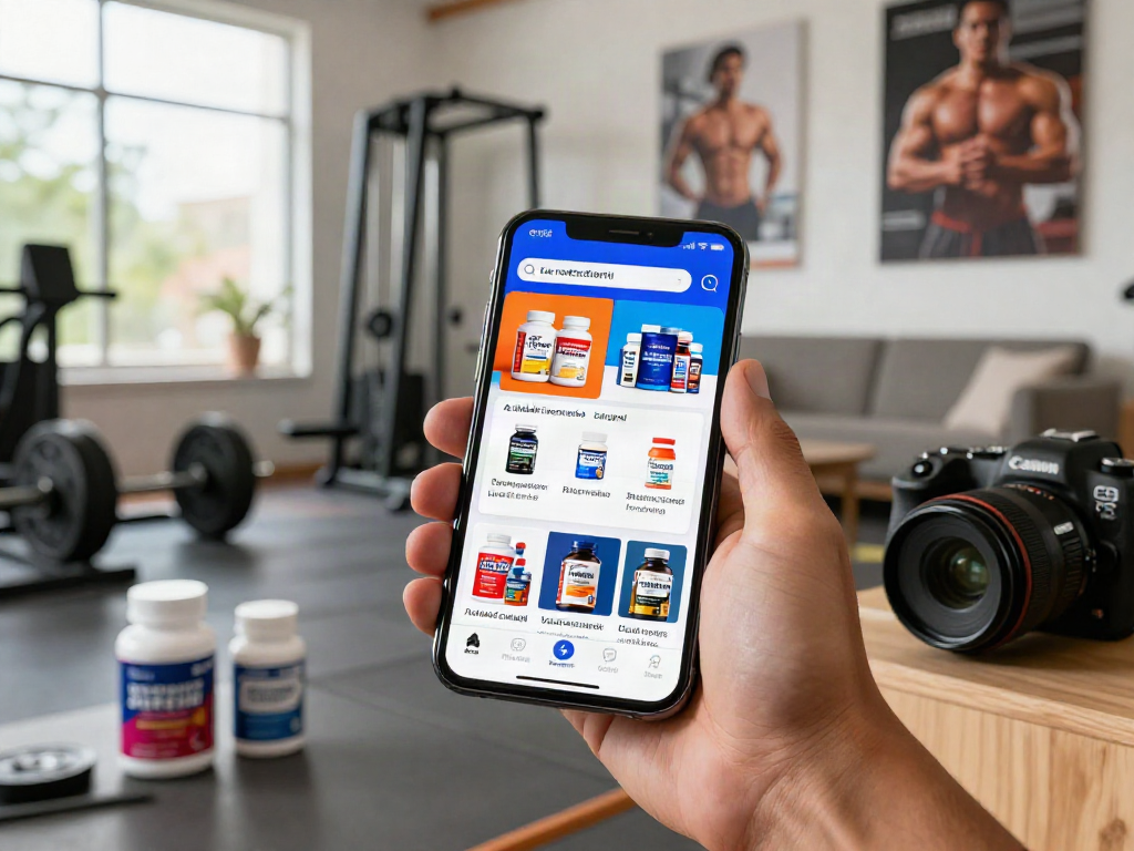 Person browsing anabolizzanti online on a smartphone in a stylish home gym with vibrant fitness elements.