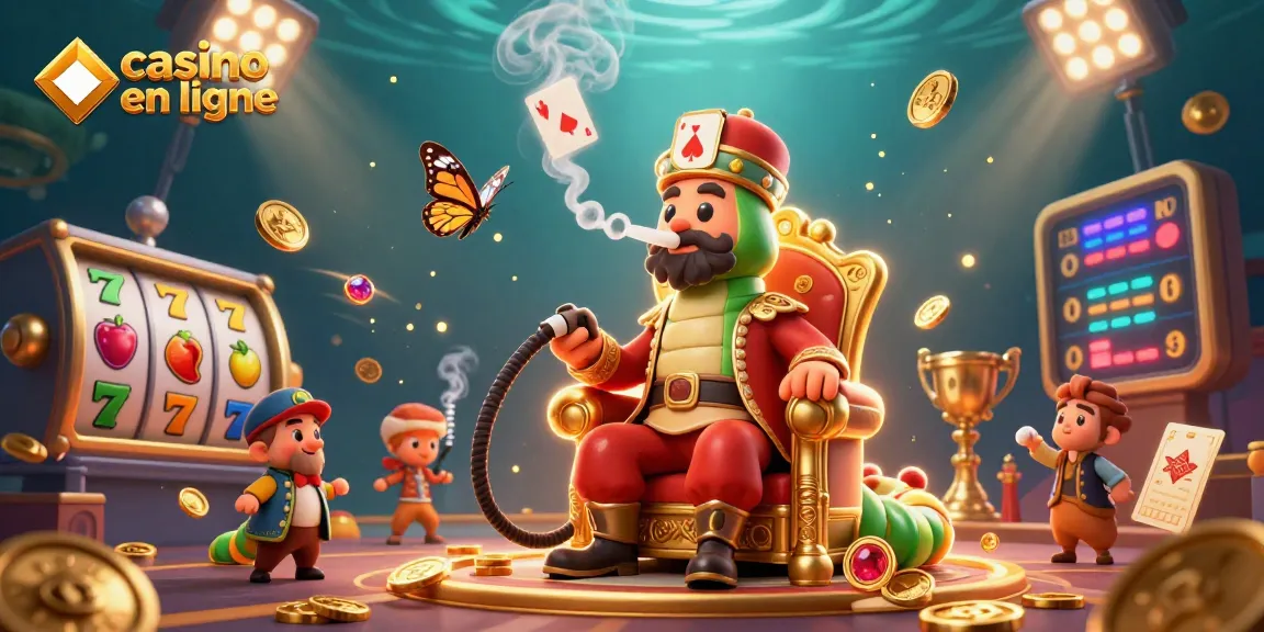 Illustration captivante d'un casino en ligne avec des éléments de jeux, symboles de poker et pièces d'or.