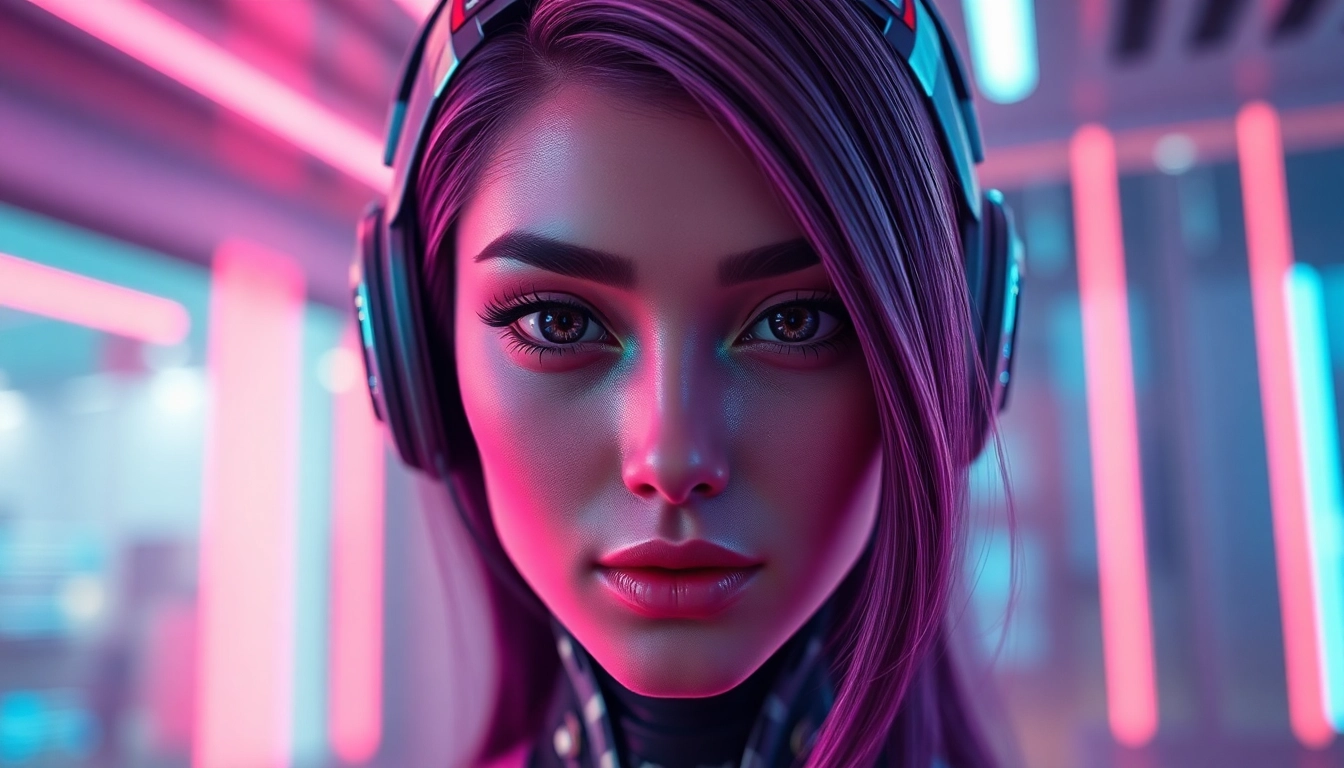 Engaging AI sex interaction featuring a futuristic character in a vibrant digital space.