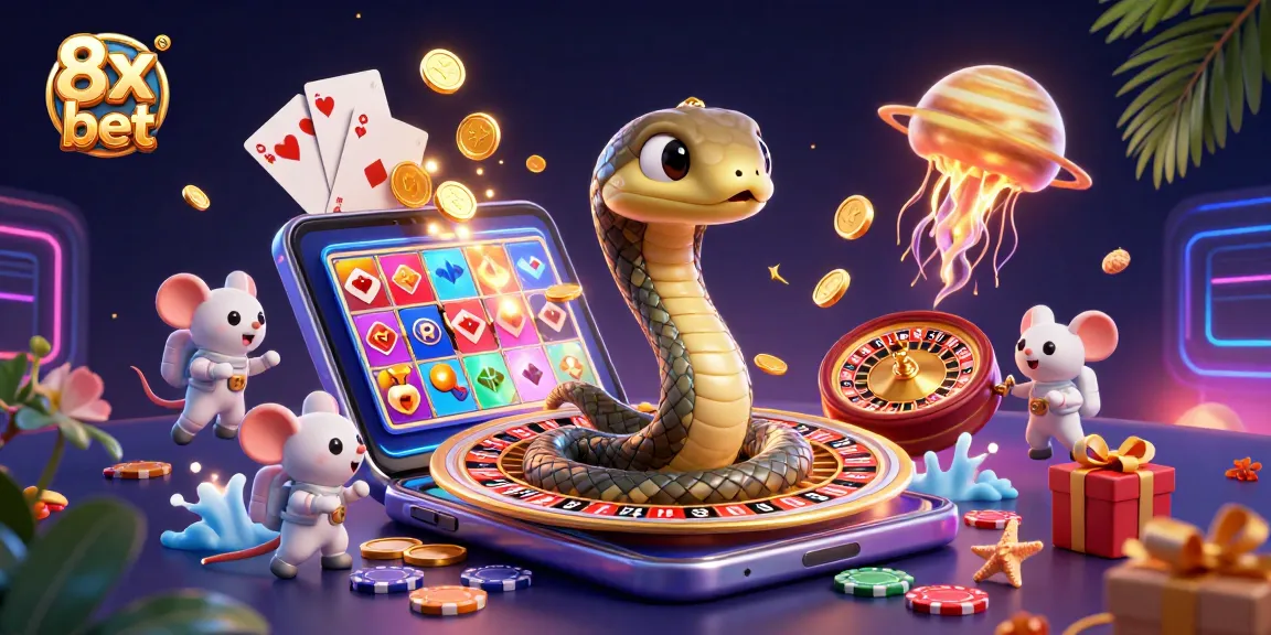 Engage in thrilling slots and games with 8x bet, where vibrant characters and cosmic themes blend into a fun casino atmosphere.