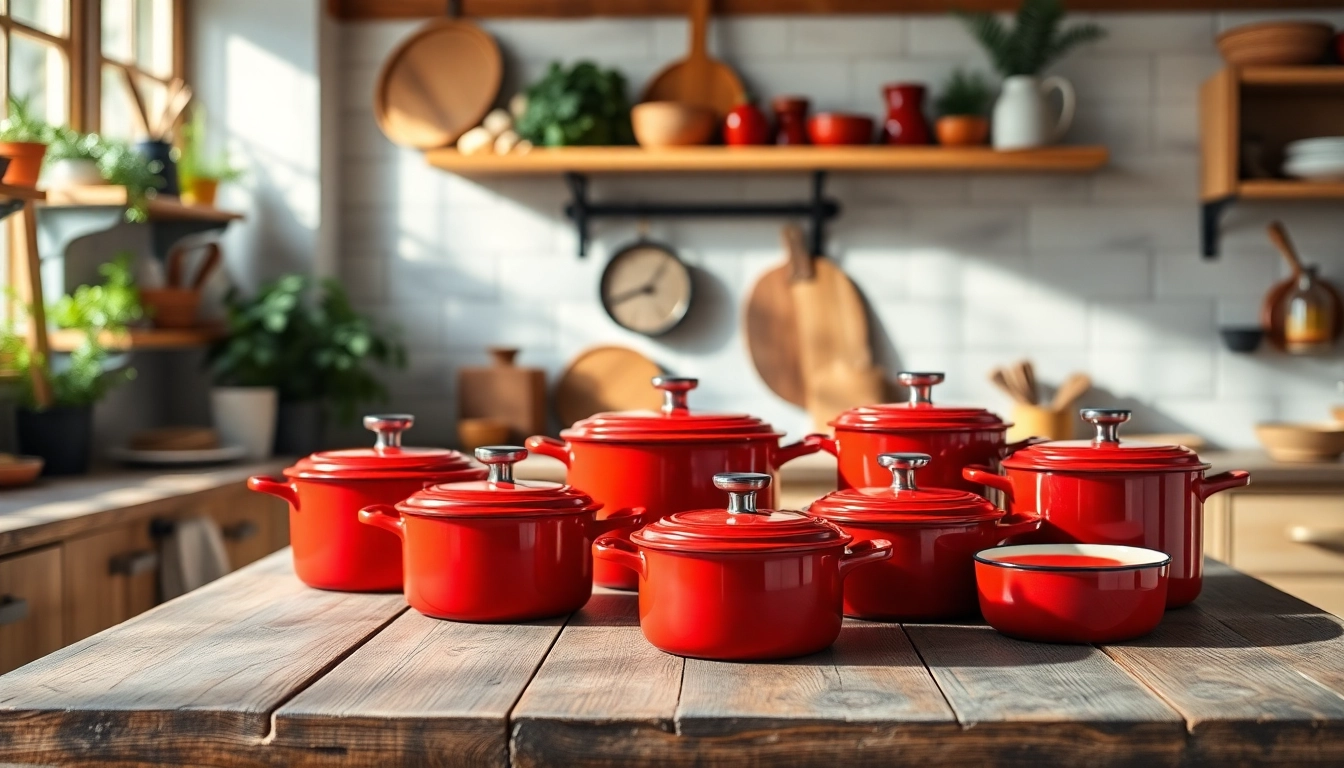 Find where to buy Le Creuset in NZ featuring vibrant cookware arranged in a cozy kitchen.