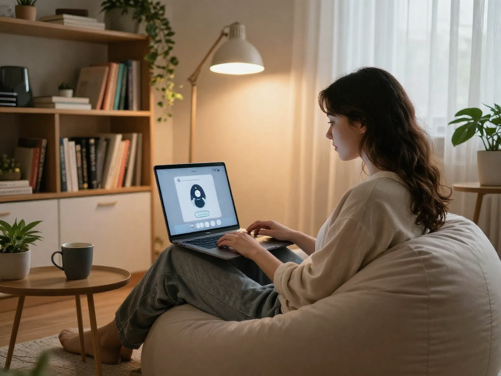 Engaging in sex ai chat on a laptop in a cozy home office setup.