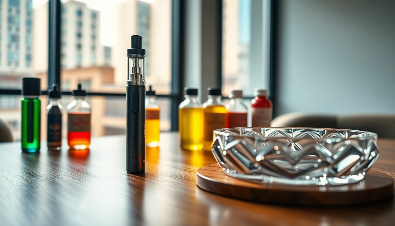 Shop for the latest vape gear with a stylish setup showcasing vape pens and colorful juices.