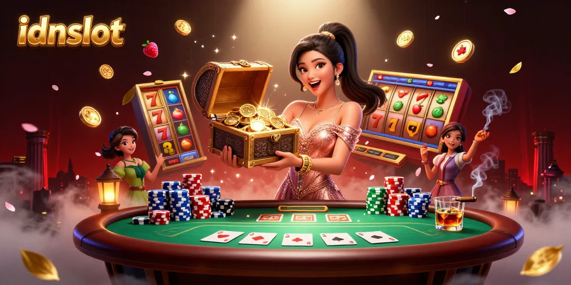 Spin the reels and win big with idnslot’s vibrant slot gaming experience featuring a glamorous treasure chest.