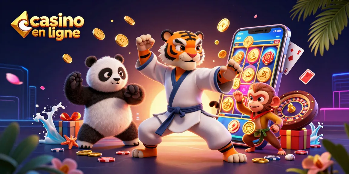 Jouer à des jeux de casino en ligne avec un tigre kung-fu et un panda dans un décor vibrant.