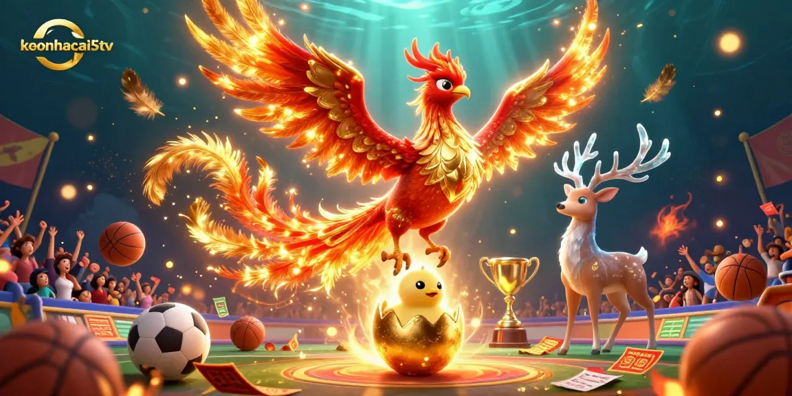 Engage with keonhacai5tv sports betting action featuring phoenix and stag in dynamic illustration.