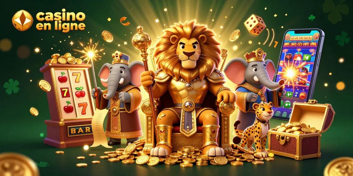 Plongez dans l'univers du casino en ligne avec un roi lion de la chance, entouré de personnages animés et d'éléments de jeu.