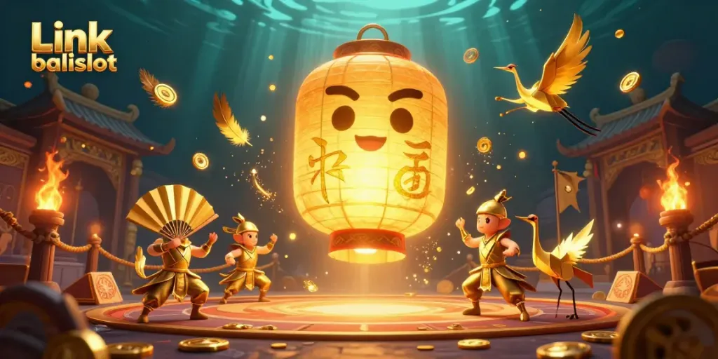 Engage with Link balislot through a vibrant 3D illustration of a glowing lantern spirit amidst a colorful casino.