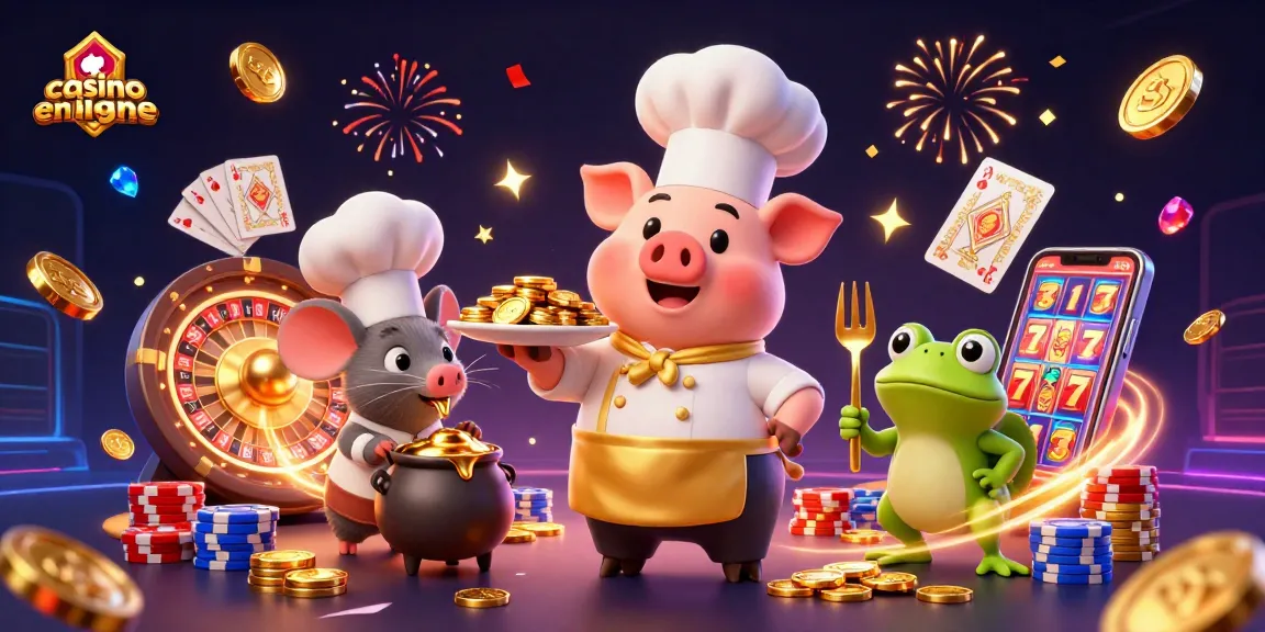 Le chef pig sert des pièces d'or dans un casino en ligne animé et coloré.