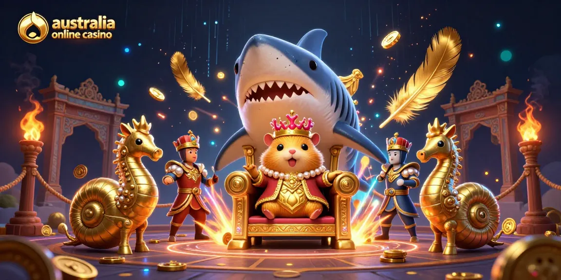 australia online casino adventure featuring a golden hamster king in a majestic casino environment, surrounded by detailed game elements