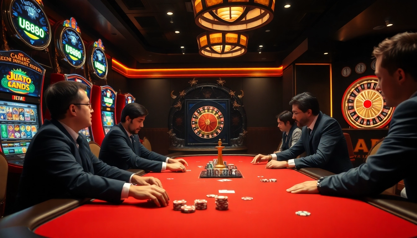 Players enjoy high-stakes poker at U888 U88, surrounded by vibrant casino excitement.