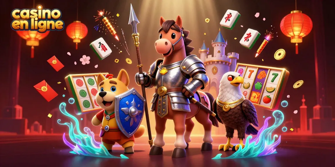 Illustration colorée de casino en ligne avec un chevalier, un chiot et un faucon, entourés d'éléments de jeu.
